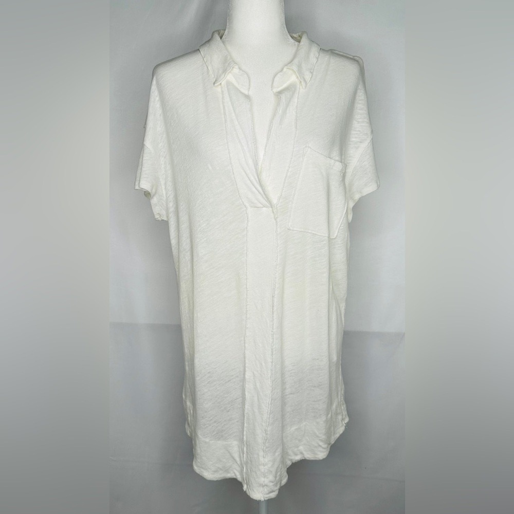 We The Free The Posh Polo T-Shirt Off-White Linen Blend Lightweight Boho Sz M